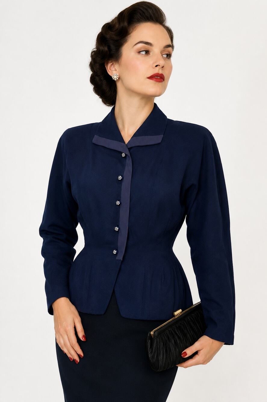 1940s Blue Gabardine Jacket Rhinestone Buttons Grosgrain Trim Fitted Peplum XS S